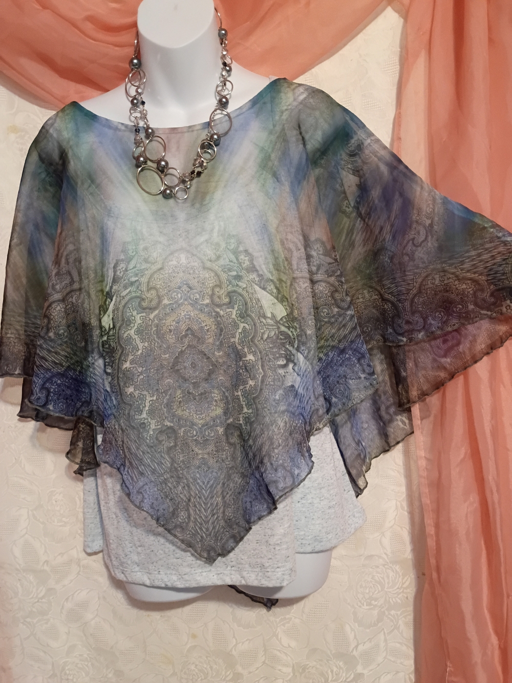 ONE WORLD Sheer Multicolor Paisley Batwing Blouse- Blue Green Purple Sz XLP